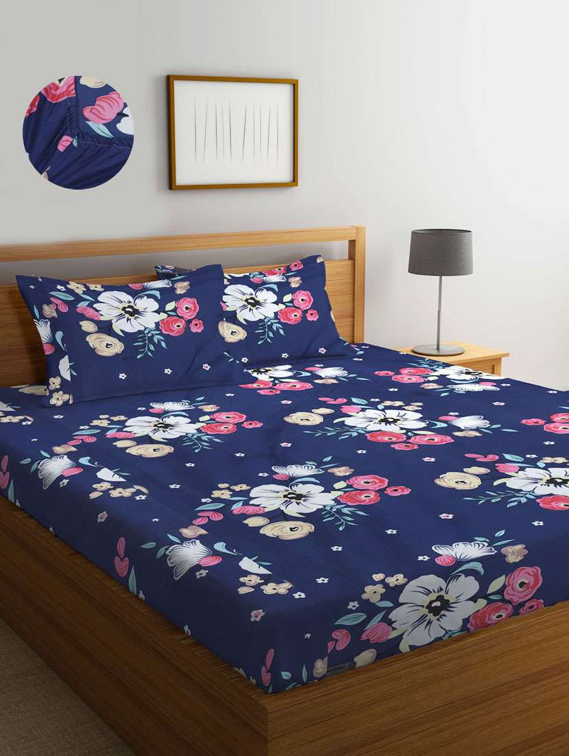 floral cotton fitted double bedsheet with 2 pillow covers