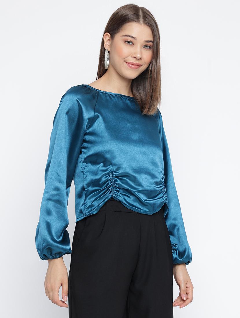 blue solid round neck regular fit crop top - 20168476 - Standard Image - 2