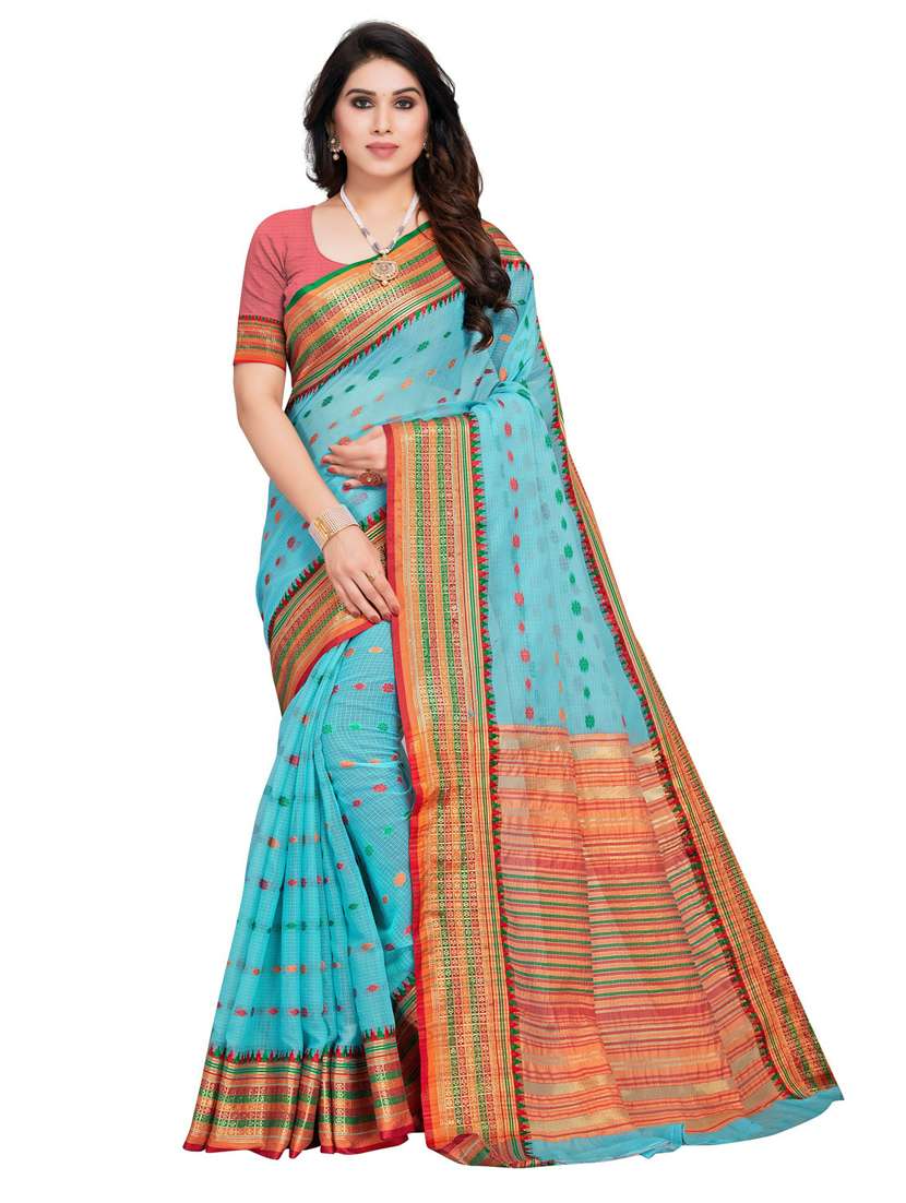 women's checks blue colored saree with blouse