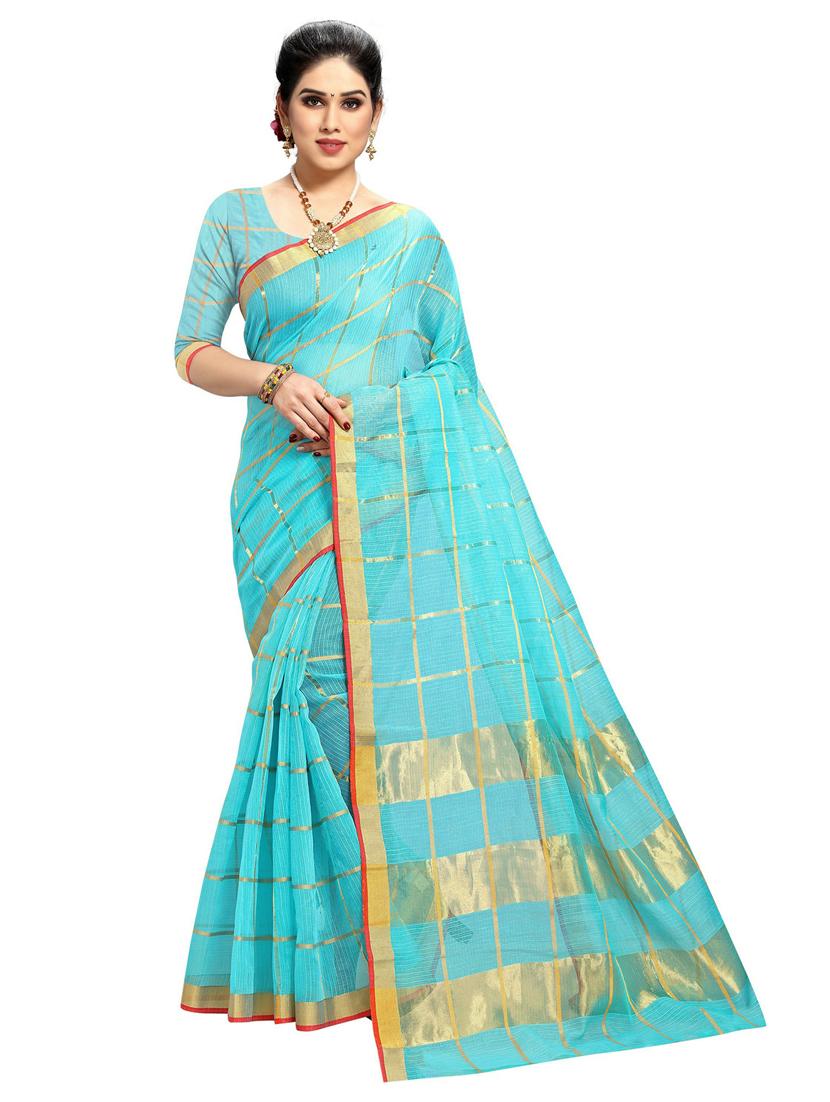 women's self design aqua blue colored saree with blouse - 20168669 - Zoom Image - 0