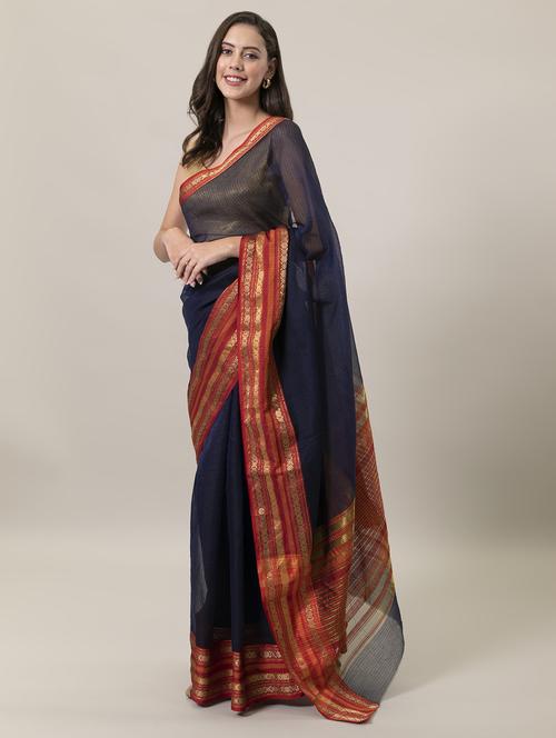 women's self design navy blue colored saree with blouse - 20168706 -  Standard Image - 0