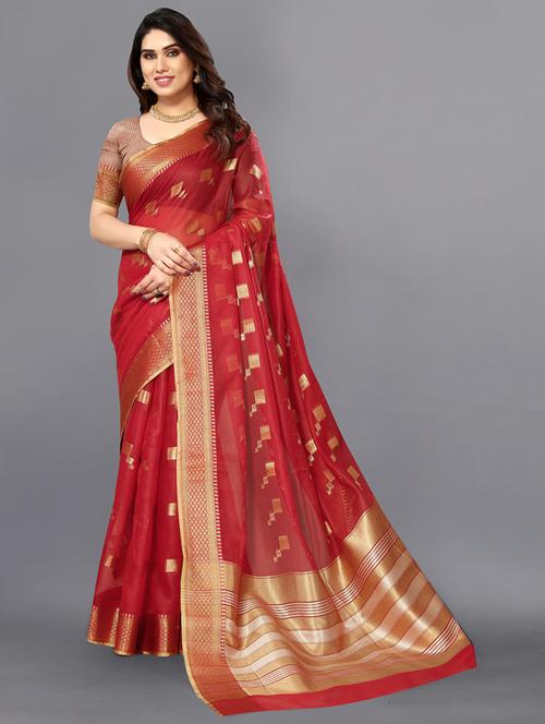 women's self design red colored saree with blouse - 20168716 -  Standard Image - 0