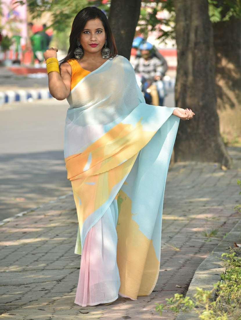 women's printed multi colored saree with blouse