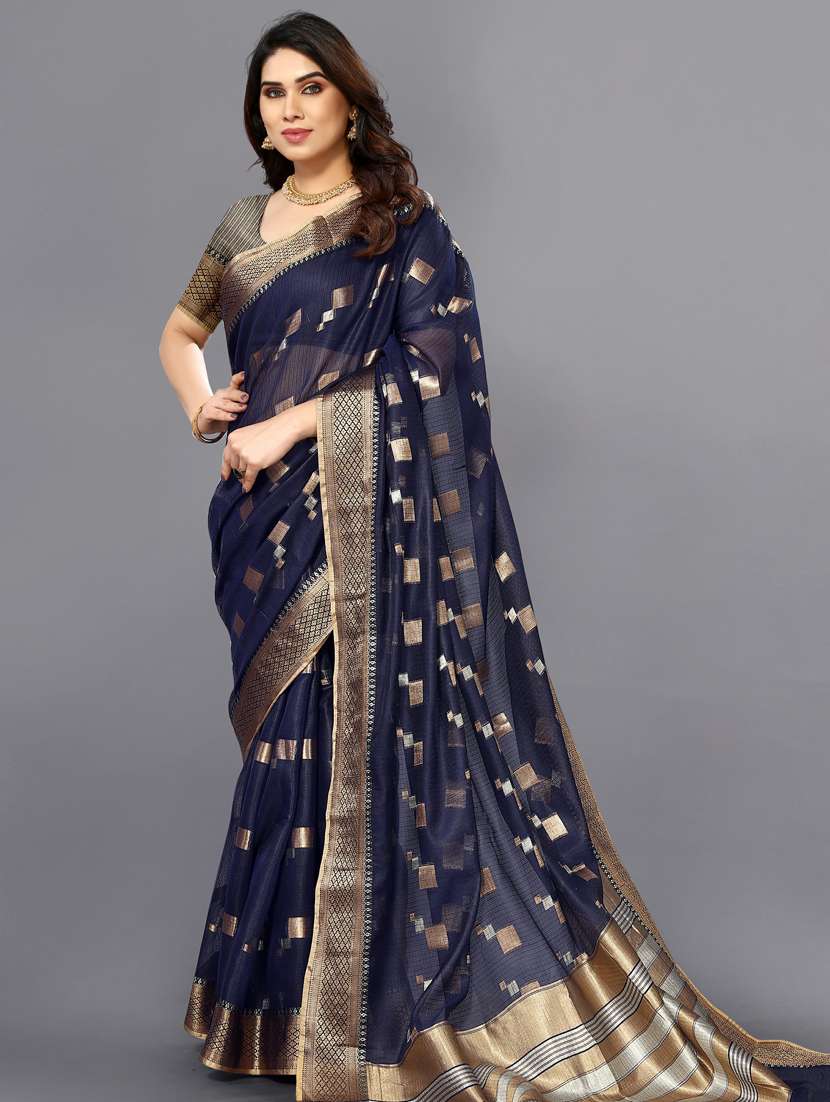 women's self design blue colored saree with blouse