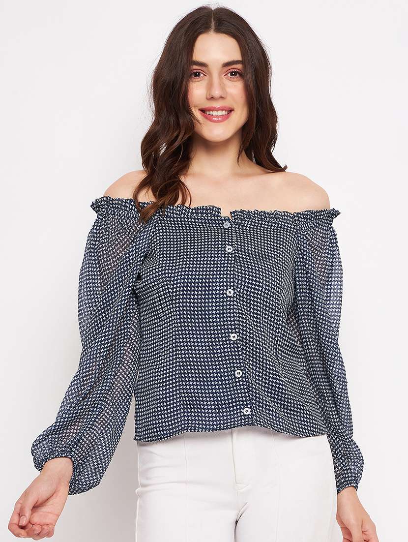 blue printed off shoulder regular fit top