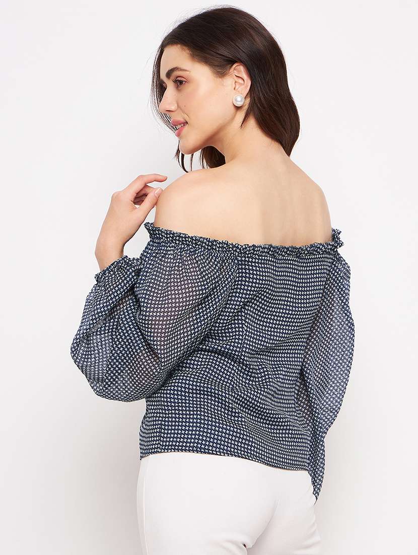 blue printed off shoulder regular fit top - 20168961 -  Standard Image - 2