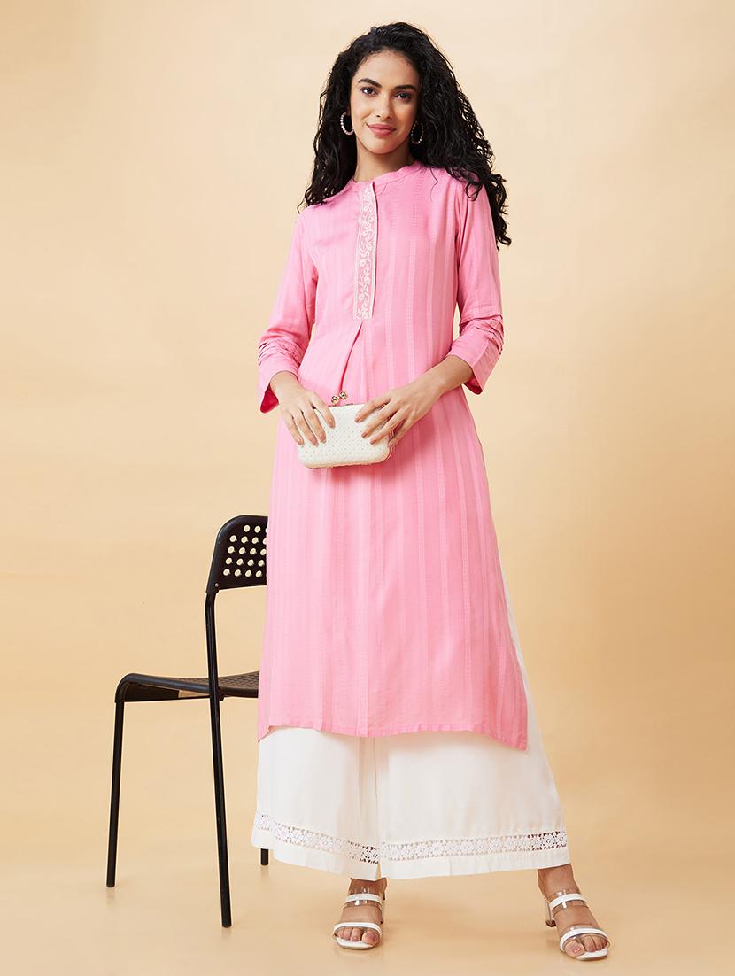 women pink polyester straight kurta - 20171183 -  Zoom Image - 0