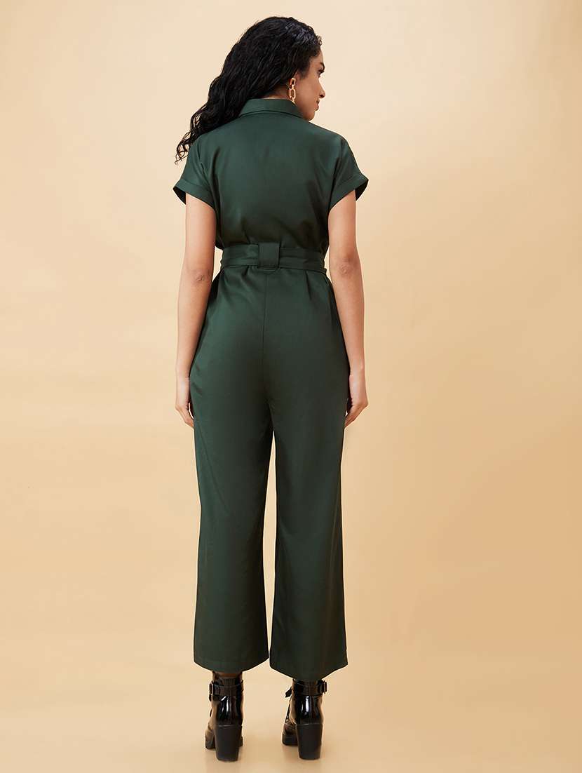 globus women olive shirt collar chest pocket waist tie up long jumpsuit  - 20171185 -  Standard Image - 2