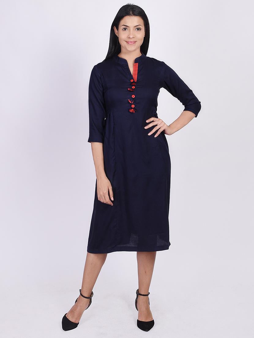 mandarin neck solid a-line kurta - 20171446 - Zoom Image - 0