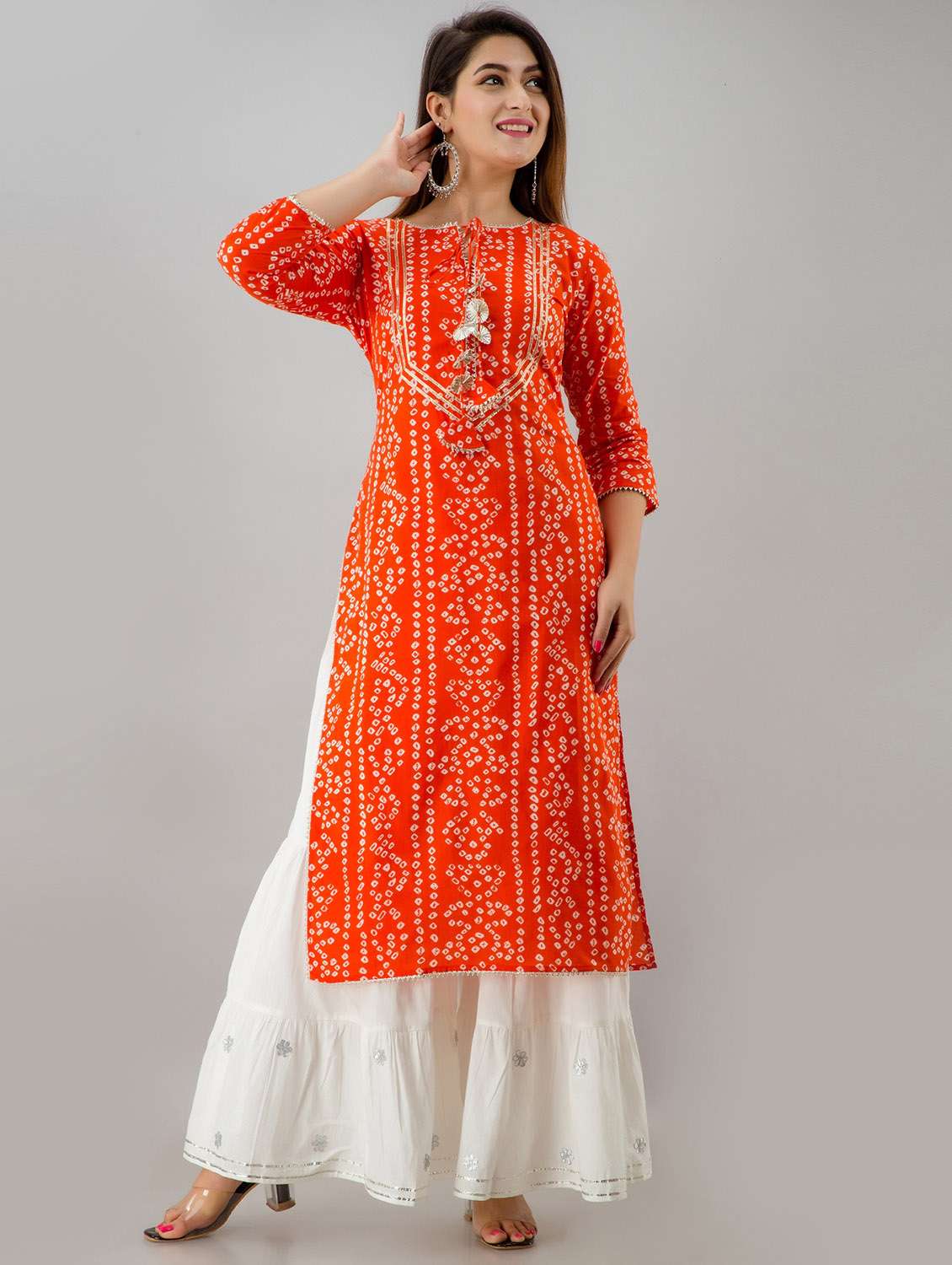 orange printed straight kurta