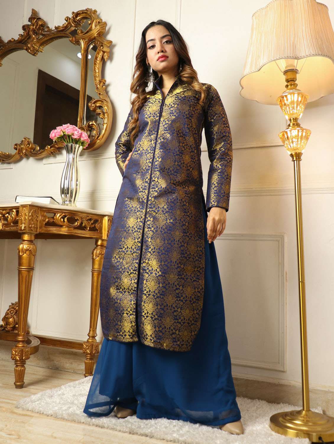 jacquard work blue kurta palazzo set