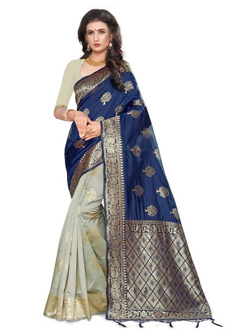 women's self design navy blue colored saree with blouse - 20175453 - Standard Image - 0