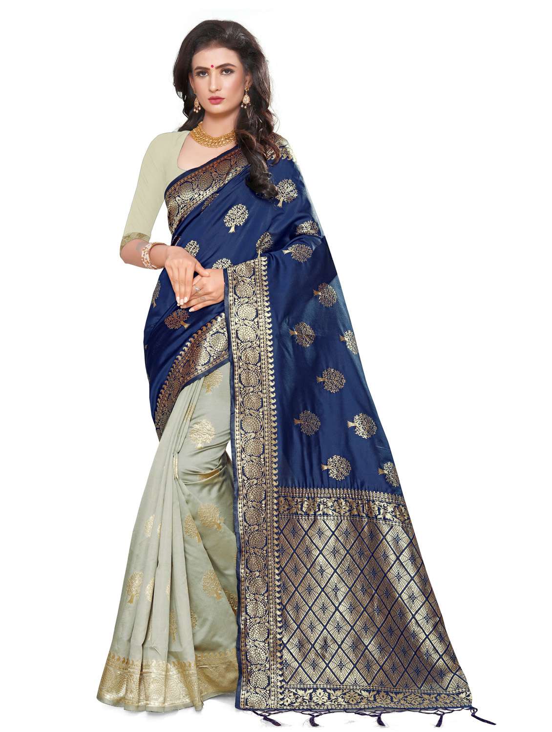 women's self design navy blue colored saree with blouse - 20175453 - Zoom Image - 0