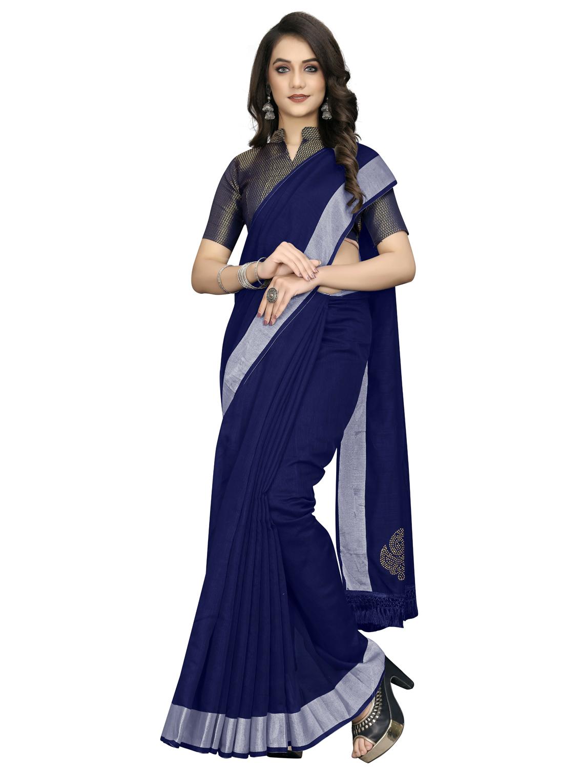 women's bordered navy blue colored saree with blouse - 20175483 - Standard Image - 2