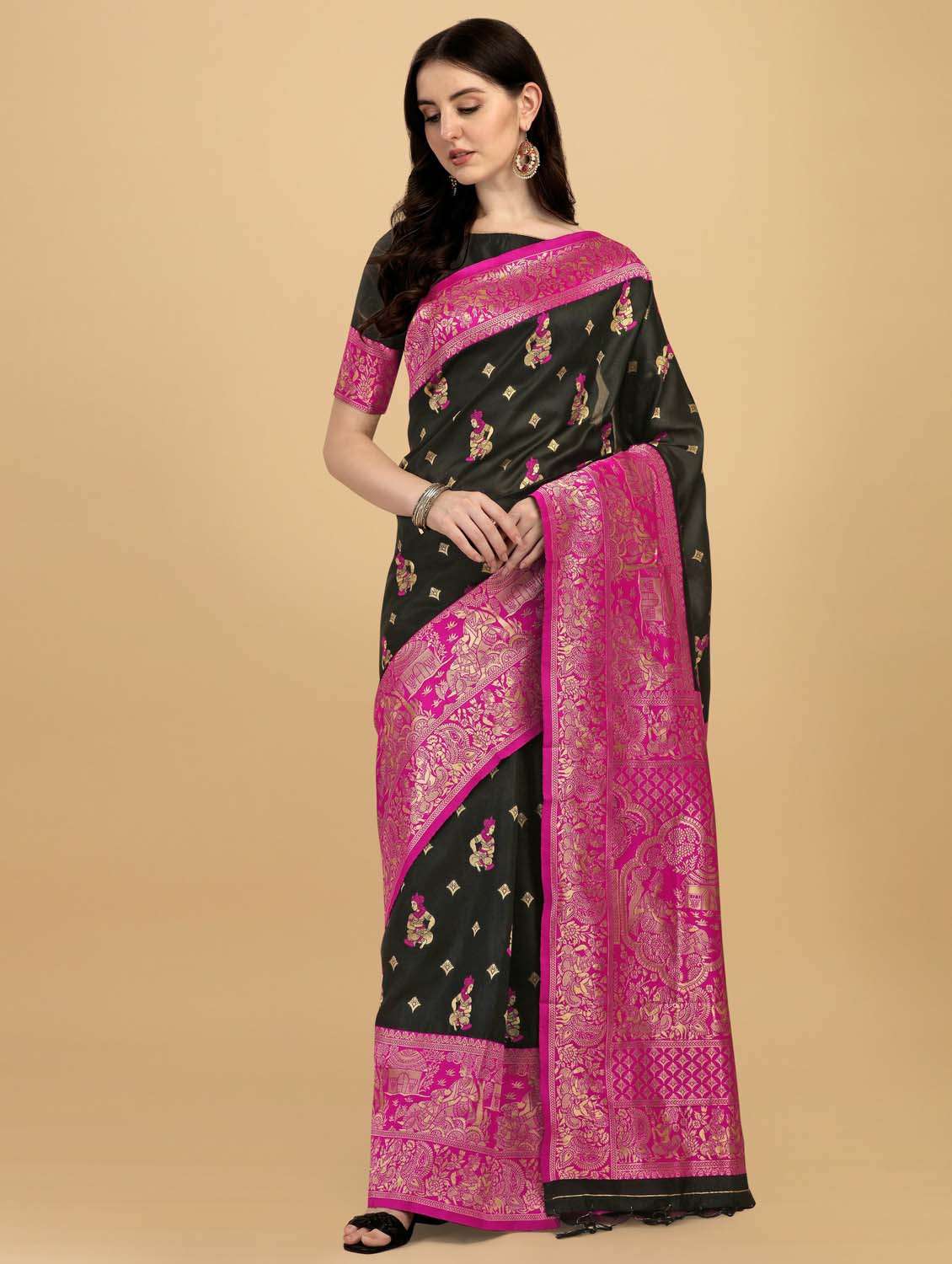 women's self design black colored saree with blouse