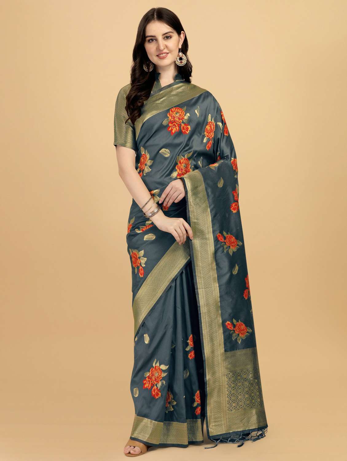 women's floral grey colored saree with blouse