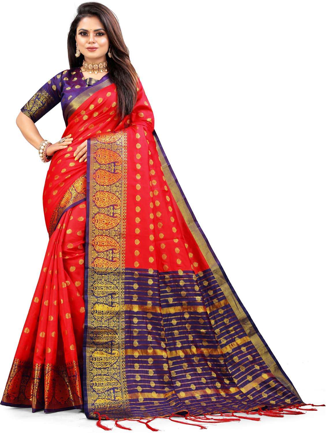 women's self design red colored saree with blouse