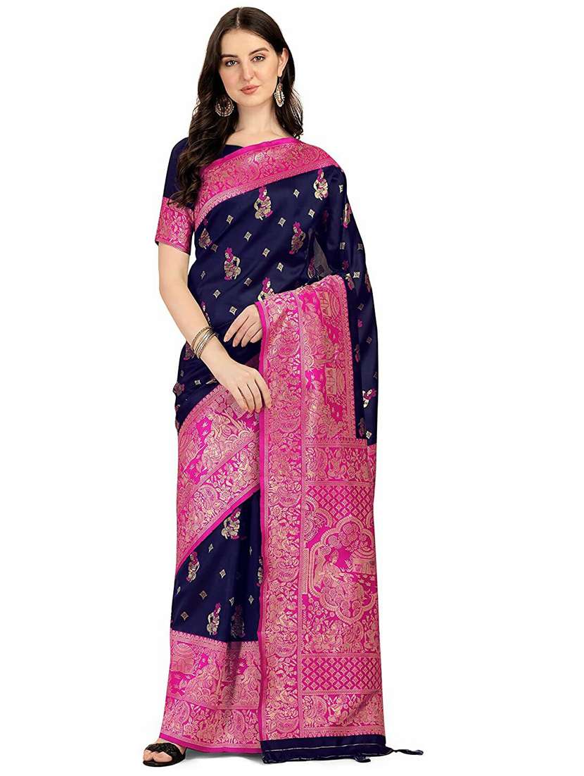 women's self design navy blue colored saree with blouse - 20175578 - Zoom Image - 0