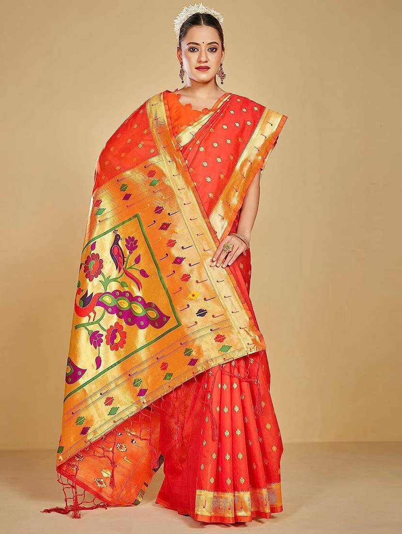 orange self design paithani saree with blouse