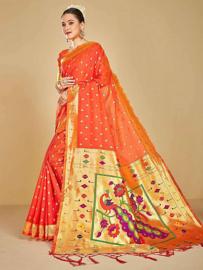 Orange Self Design Paithani Saree With Blouse - 20175618 -  Standard Image - 2