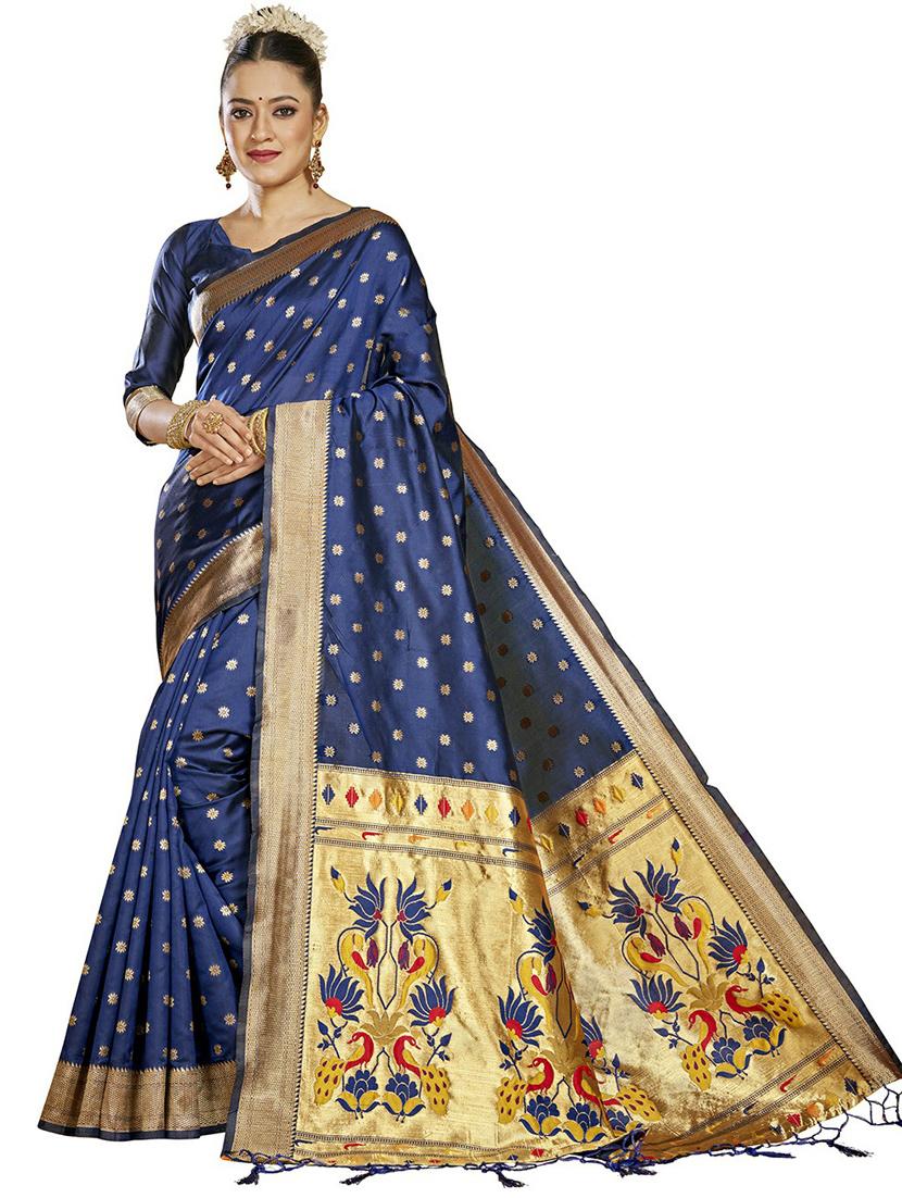dark blue self design kanjivaram saree with blouse - 20175631 - Standard Image - 2
