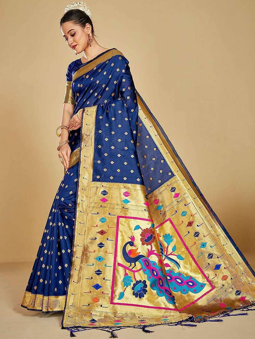 blue self design paithani saree with blouse 