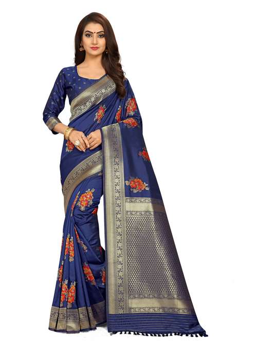 women's floral dark blue colored saree with blouse - 20175692 - Standard Image - 0