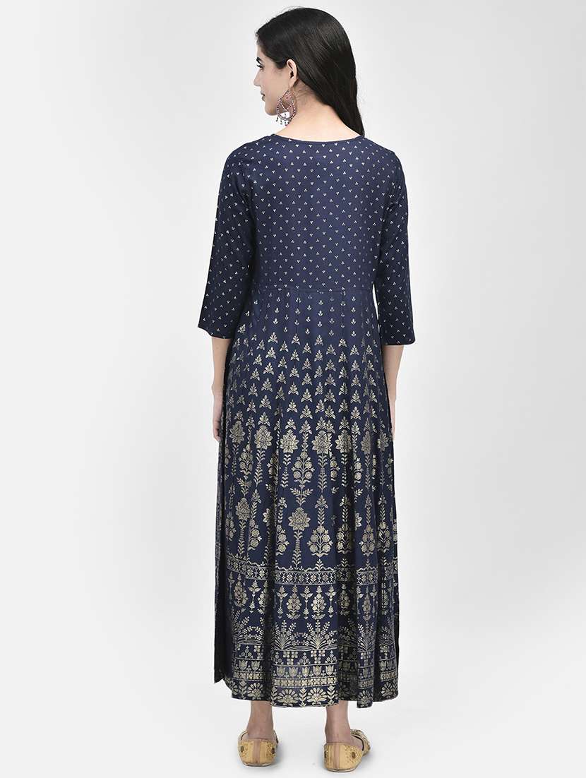round neck foil printed a-line ethnic dress - 20178357 - Standard Image - 2