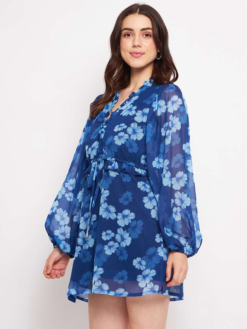 navy blue floral print puff sleeves a-line dress - 20178537 -  Standard Image - 2