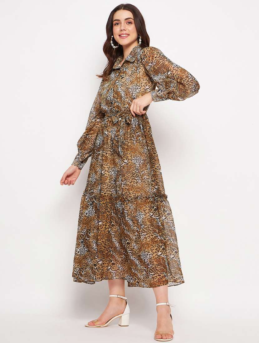 beige animal print bishop sleeves tiered dress - 20178542 -  Standard Image - 2