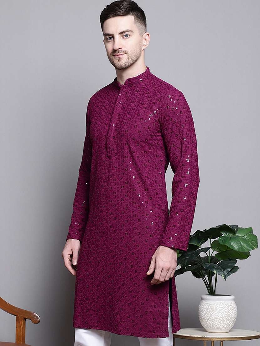 men solid with work mandarin neck long kurta