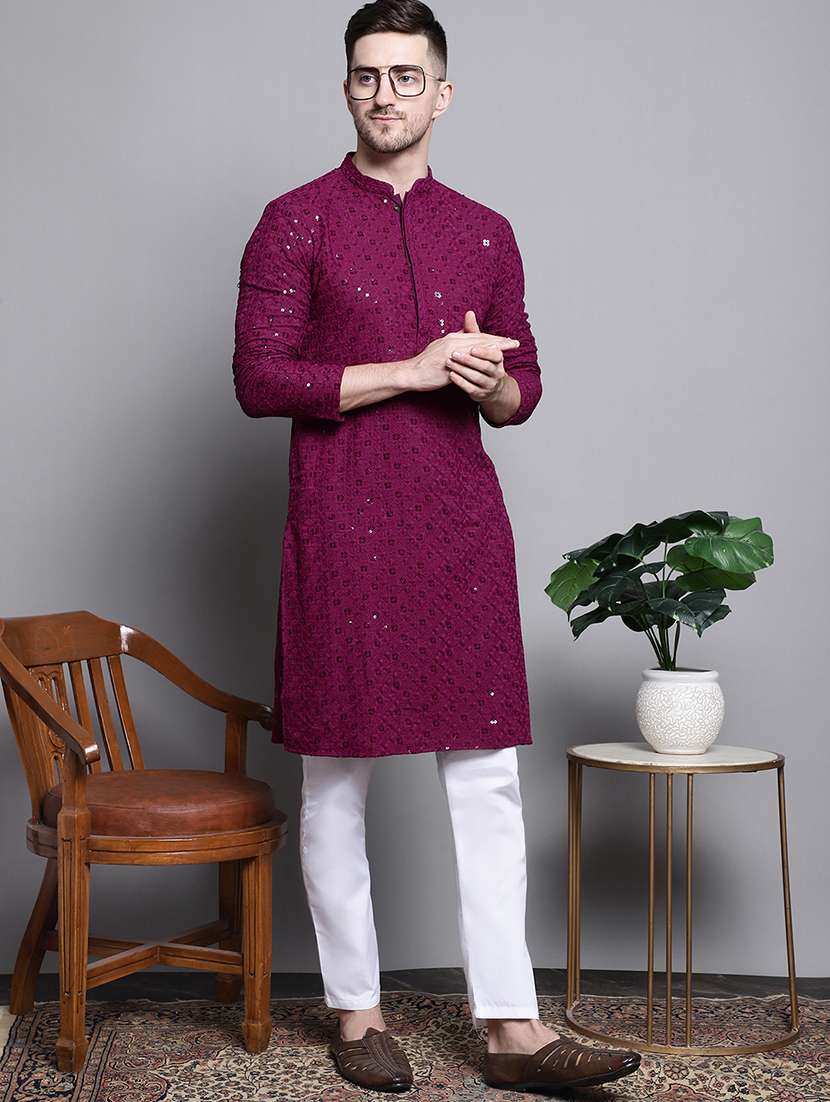 men solid with work mandarin neck long kurta - 20182042 -  Standard Image - 2