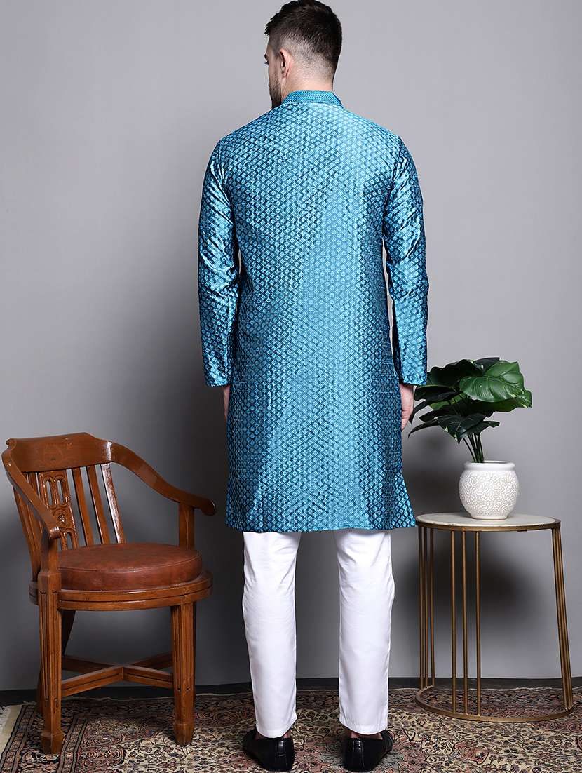 peacock silk blend kurta pyjama ethnic wear set - 20182052 -  Standard Image - 2
