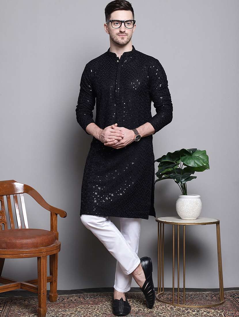 sequin embroidered pure cotton kurta with pyjamas
