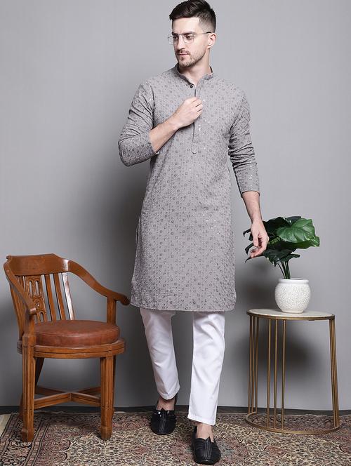 sequin embroidered pure cotton kurta with pyjamas - 20182064 - Standard Image - 0