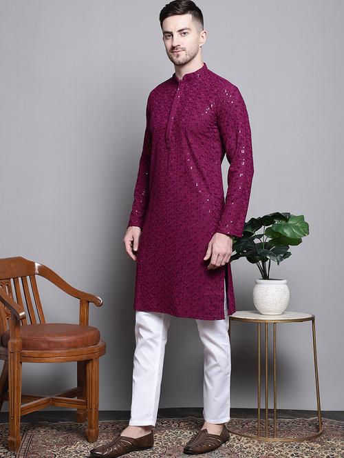 men sequin embroidered pure cotton kurta with pyjamas - 20182065 - Standard Image - 0