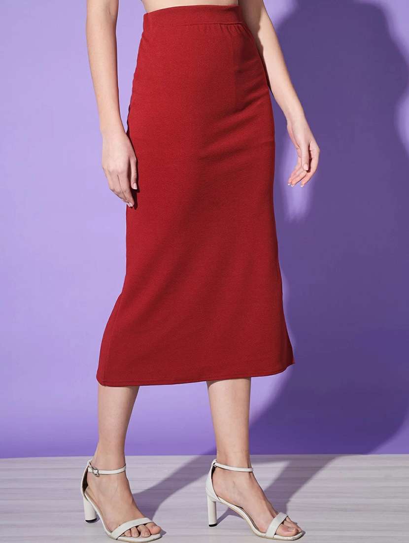 maroon solid lycra pencil skirt - 20183388 -  Standard Image - 2