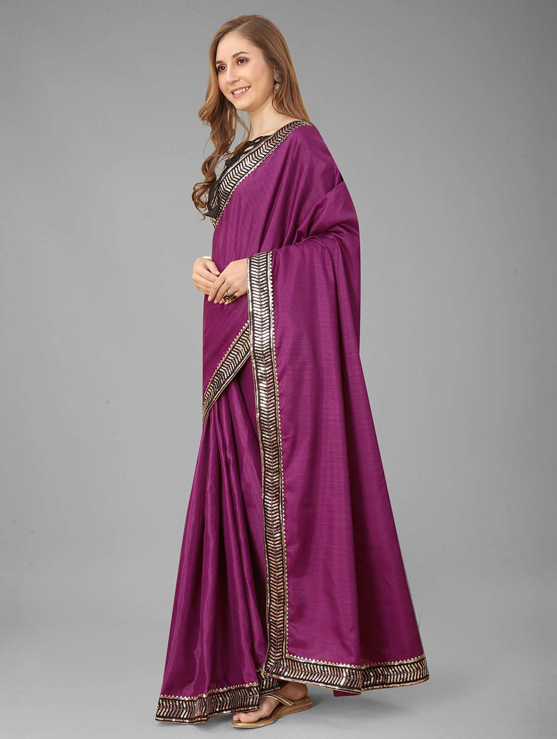 women's bordered purple colored saree with blouse