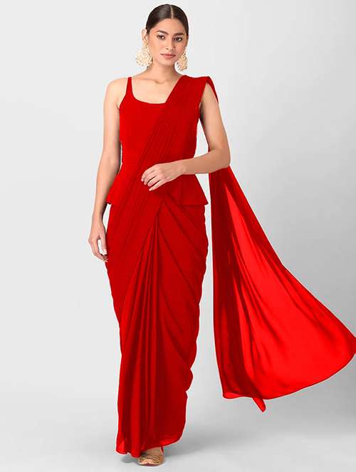 women's solid red colored saree with blouse - 20183628 -  Standard Image - 0