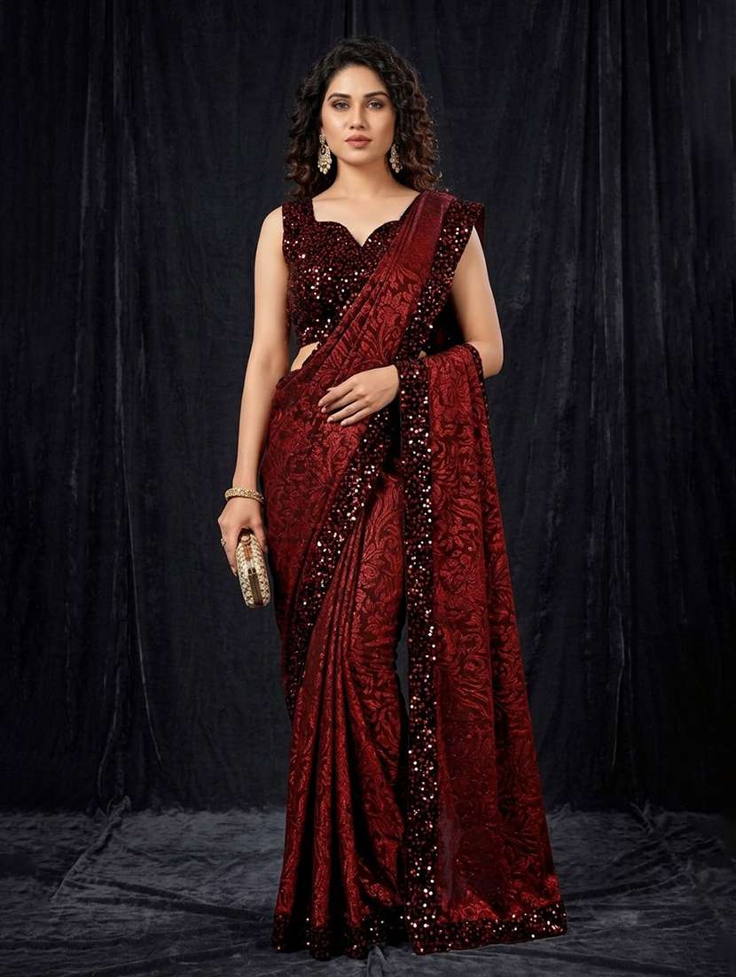 women's velvet embellished saree with blouse