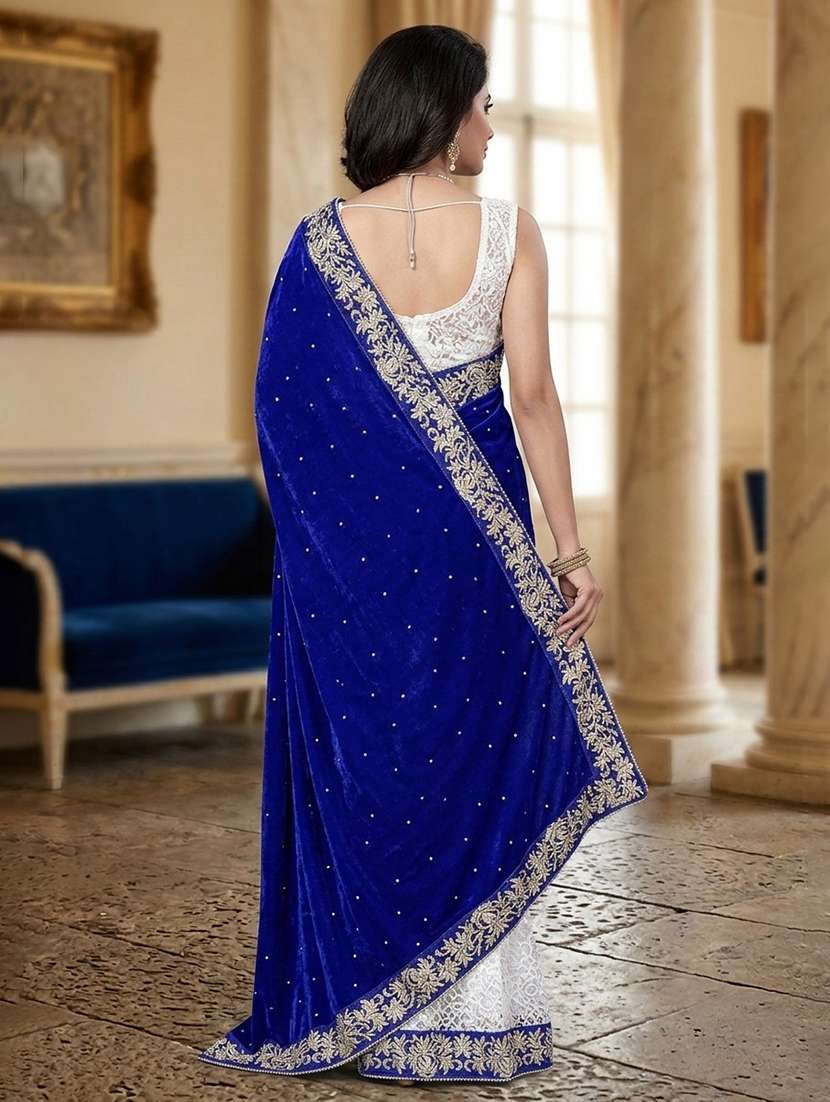 white & blue self design velvet saree with blouse - 20183633 -  Standard Image - 2