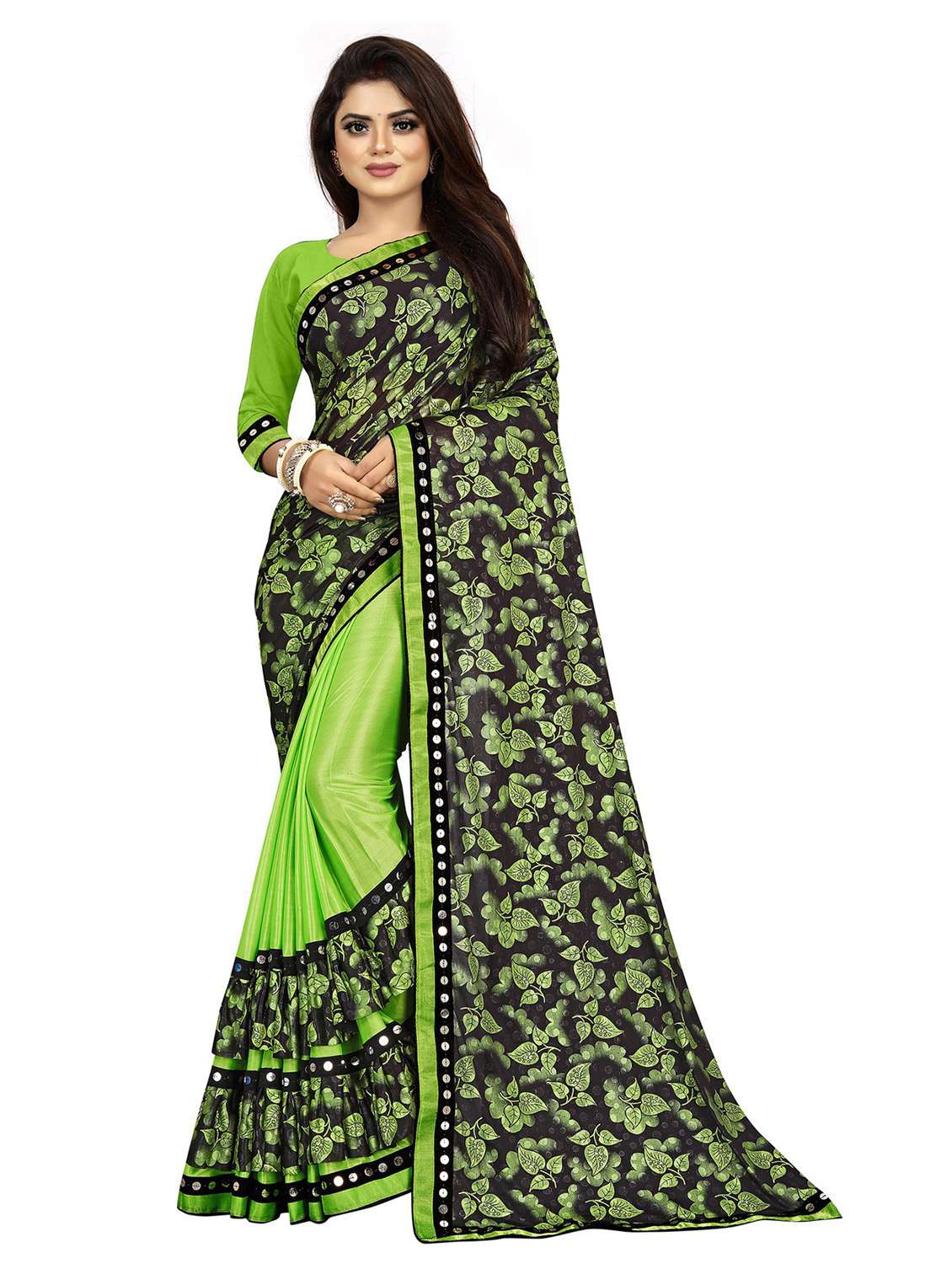 women's leaf print light green colored saree with blouse