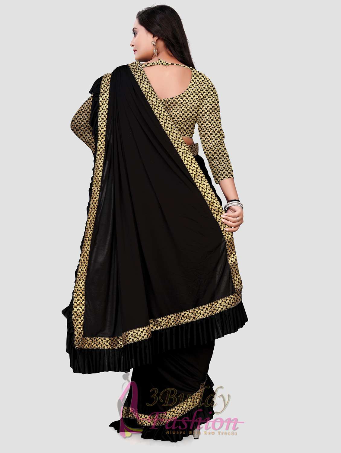 women's bordered black colored saree with blouse - 20183829 -  Standard Image - 2