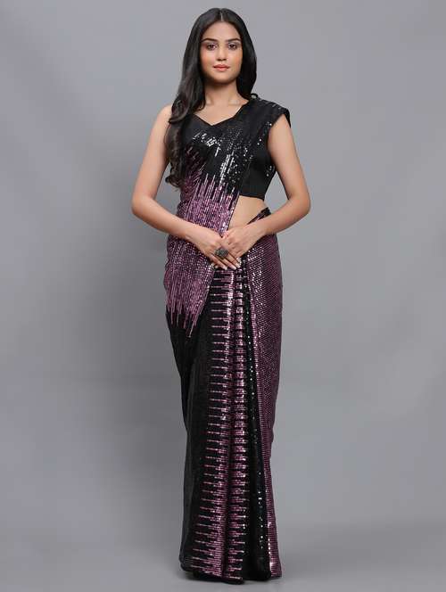 women black sequin saree with blouse - 20183865 -  Standard Image - 0