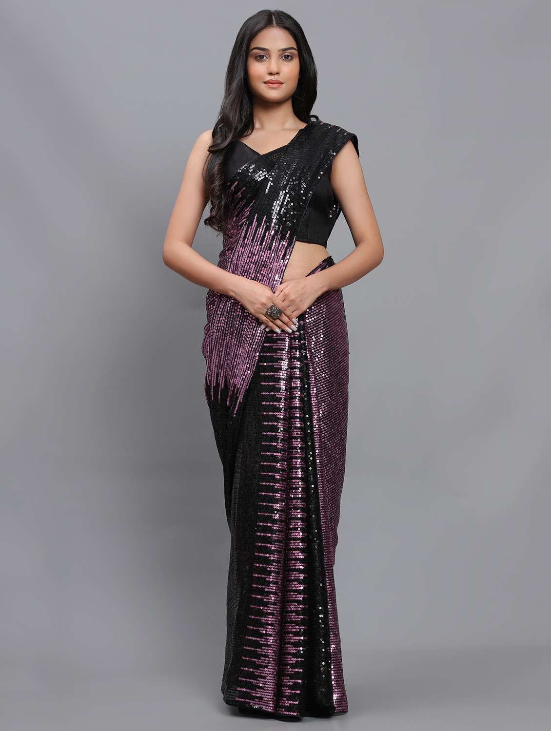 women black sequin saree with blouse - 20183865 -  Zoom Image - 0