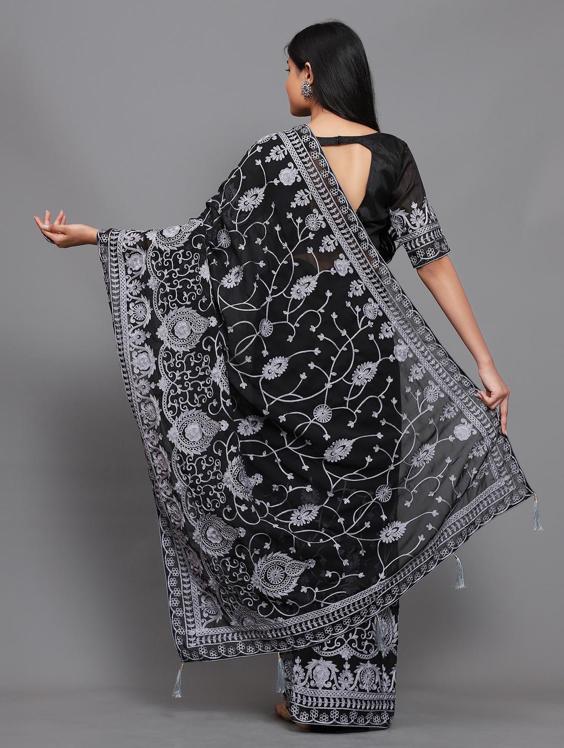 black self design embroidered saree with blouse - 20183867 - Standard Image - 2