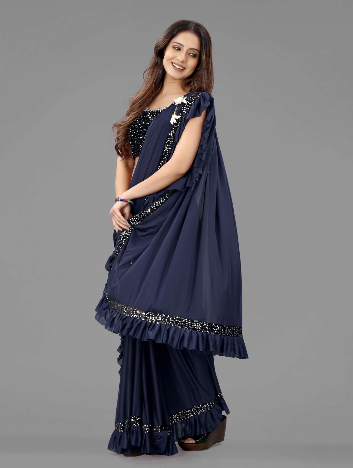 women's solid with work navy blue colored saree with blouse - 20183894 -  Standard Image - 2