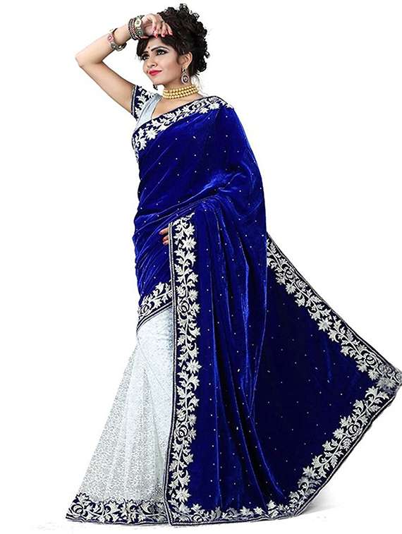 women blue self design velvet saree with blouse