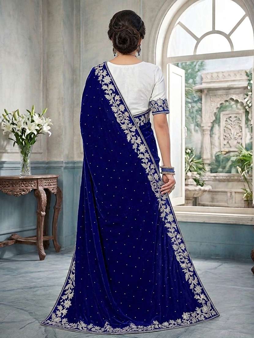 women's blue velvet and brasso half-half saree with blouse piece - 20183909 -  Standard Image - 2
