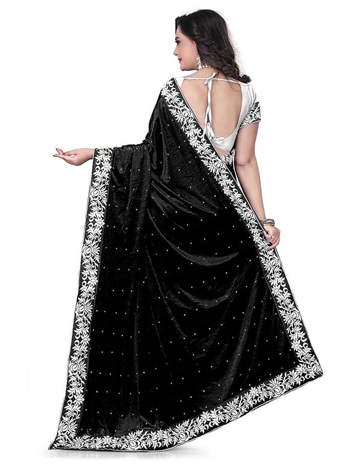black self design velvet saree with blouse - 20183914 - Standard Image - 2
